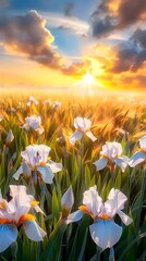 Canvas Print - Stunning Field of Irises Basking in the Radiant Glow of a Blazing Sunset