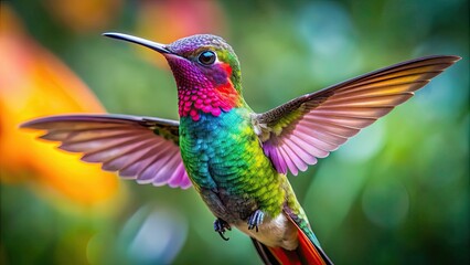 Poster - Vibrant macro shot of a colorful hummingbird displaying its delicate wings and vibrant feathers, hovering, mid-air