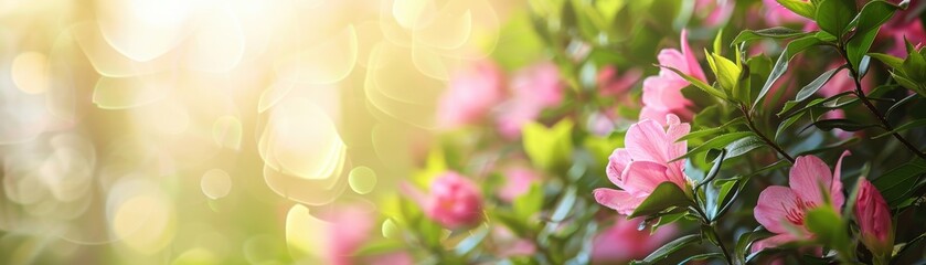 A serene spring background with pink flowers and green foliage bathed in soft sunlight, perfect for nature-themed designs or wallpapers.