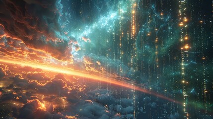 Wall Mural - a large city wall and buildings with futuristic technology and visible code.