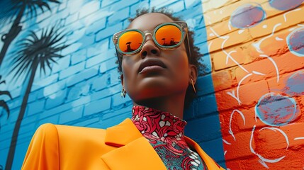 Wall Mural - Model dressed in bright colors against a brick mural - stylish - fashion - quirky - interesting - unique 