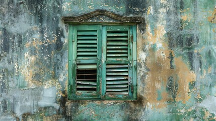 Sticker - Shutters of the green window with a backdrop of the grungy wall