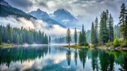 Poster - Misty mountain landscape with pine trees and a serene lake, mountains, mist, fog, pine trees, lake, tranquil, serene