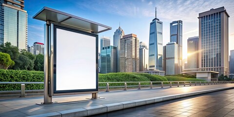 Poster - Outdoor blank billboard in futuristic city setting, isolated on left side of frame, futuristic, city, urban