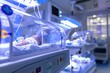 © InfiniteStudio - Newborn in incubator under blue light in NICU hospital intensive care unit, medical nursery