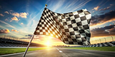 Poster - Race chequered flag waving at the finish line of a competition , competition, winner, speed, victory