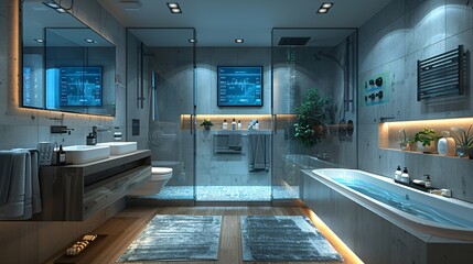 Poster - Bathroom in a smart home with holographic displays for personalized health monitoring, water temperature settings, and mirror interface for daily routines