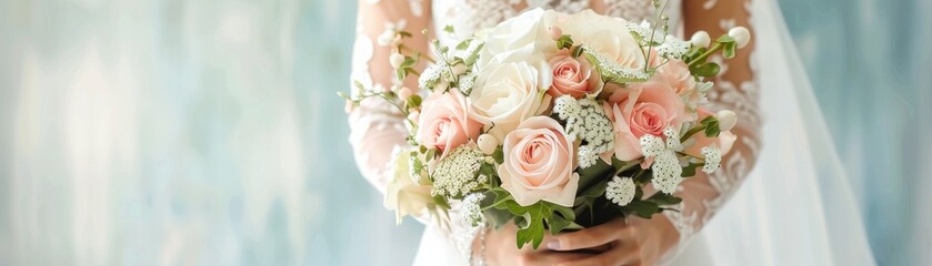 Bride holding a delicate wedding bouquet with pink and white roses, showcasing elegant wedding day floral arrangements.