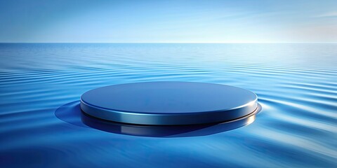 Sticker - Smooth blue circular platform floating on reflective water surface, blue, circular, platform, smooth, polished, surface