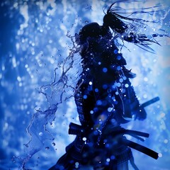 Silhouette of a samurai warrior with dynamic water splash effect, creating a dramatic and vibrant blue backdrop.