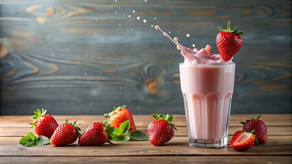 Sticker - Strawberry milkshake with milk flowing out of the glass, topped with fresh strawberries , sweet, juicy, milkshake