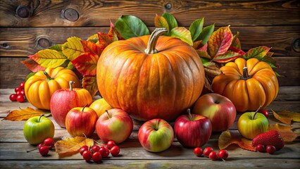 Sticker - Still life arrangement of a vibrant pumpkin surrounded by fresh, colorful apples , autumn, harvest, fall, seasonal, nature