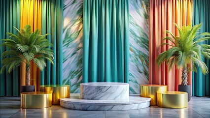 Canvas Print - Luxury tropical marble podium with colorful curtains for product display , luxury, tropical, marble, podium, colorful