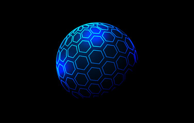 Wall Mural - Blue neon hexagon pattern sphere. 3d halftone hemisphere concept. Grid globe futuristic element. Round shape for tech poster, banner, cover, emblem, logo, leaflet. Vector illustration