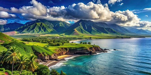 Poster - Majestic view of Maui's scenic landscape depicting lush greenery, sparkling ocean waters, and towering mountains in the distance