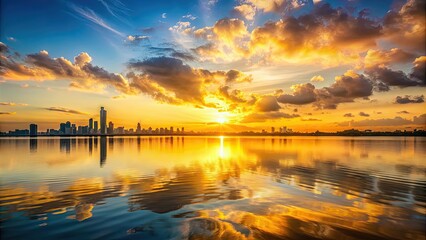 Sticker - Skyline reflecting on calm waters during golden sunset, cityscape, skyline, reflection, water, sunset, dusk, urban