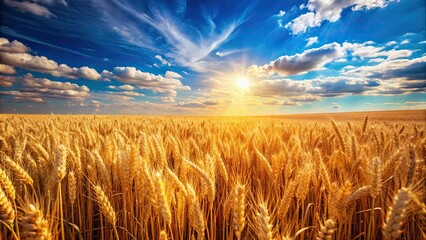 Wall Mural - Vibrant wheat field under blue sky in summer, agriculture, crops, golden, rural, farm, landscape, countryside, sunshine