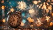 © kvladimirv - Vintage Alarm Clock Displaying Midnight Surrounded by Celebratory Fireworks and Sparkling Lights