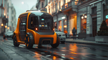 Wall Mural - Futuristic Autonomous Electric Vehicle on Urban Street During Rainy Evening