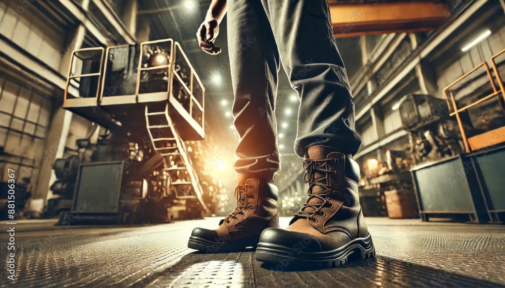 A detailed image of a worker's feet and lower legs, focusing on the ...