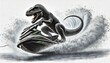 © FantasyLand86 - A dinosaur performing a high-speed turn on a jet ski, with water spraying dramatically around it.