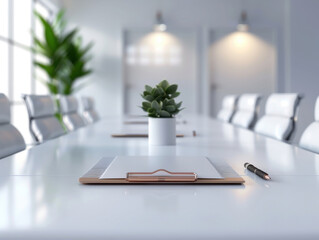 Modern conference room with a white table, chairs, a small potted plant, clipboard, and a pen, in a well-lit office setting.