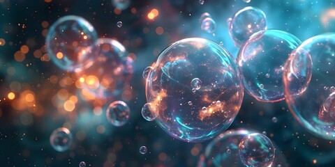 Wall Mural - A colorful galaxy of bubbles with a blue background. The bubbles are of different sizes and colors, and they seem to be floating in space. Scene is whimsical and playful
