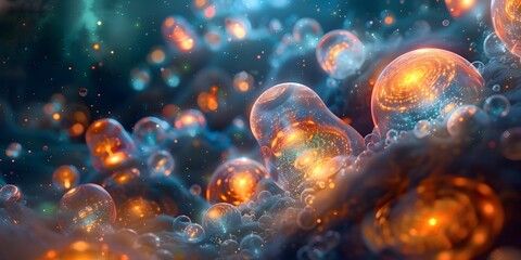 Wall Mural - A colorful galaxy of bubbles with a blue background. The bubbles are of different sizes and colors, and they seem to be floating in space. Scene is whimsical and playful