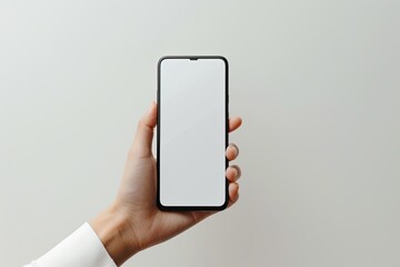 Smartphone mockup on hand with white blank screen created with Generative AI