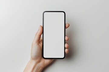 Smartphone mockup on hand with white blank screen created with Generative AI