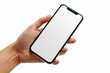 © dendyh7 - Smartphone mockup on hand with white blank screen created with Generative AI