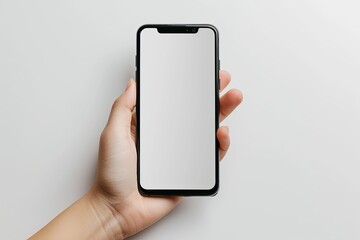 Smartphone mockup on hand with white blank screen created with Generative AI
