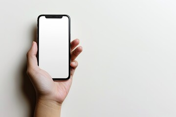 Smartphone mockup on hand with white blank screen created with Generative AI