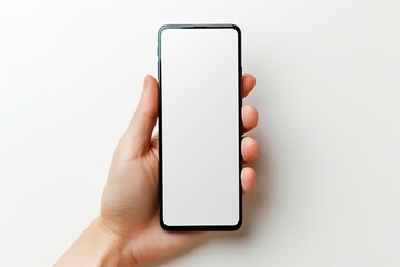 Smartphone mockup on hand with white blank screen created with Generative AI