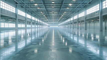 an empty warehouse with pristine, shiny floors and clear, bright light streaming in. the clean and s