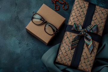 Wall Mural - Stylish display of a gift box, necktie, and eyeglasses, perfect for conveying Father's Day appreciation