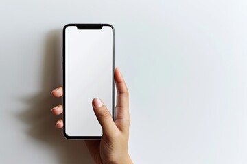 Smartphone mockup on hand with white blank screen created with Generative AI