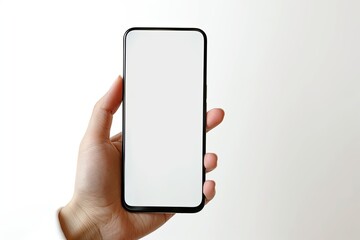 Smartphone mockup on hand with white blank screen created with Generative AI
