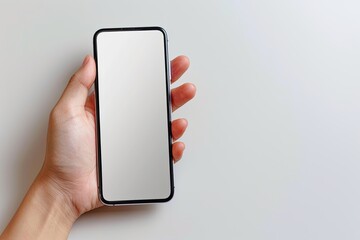 Smartphone mockup on hand with white blank screen created with Generative AI