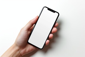 Smartphone mockup on hand with white blank screen created with Generative AI