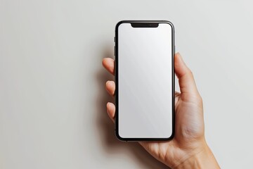 Smartphone mockup on hand with white blank screen created with Generative AI