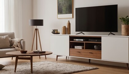 Wall Mural - Living room interior with tv on cabinet and decorative lath on empty white wall background