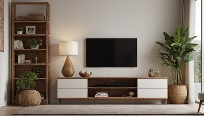 Sticker - white wall background Modern living room decor with a tv cabinet 184