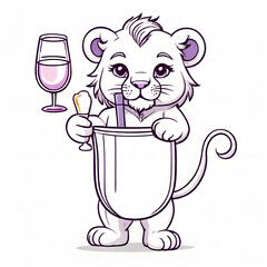 Playful lion cub holding a strawberry milkshake, surrounded by s