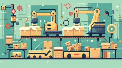 Poster - automated factory production line - an illustration of an automated factory production line with rob