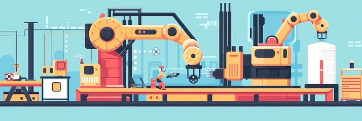 Poster - Automated Production Line with Industrial Robots and Worker - An illustration depicting an automated production line with industrial robots and a worker. The scene highlights the role of robots in mod
