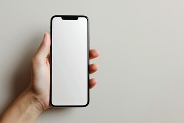 Smartphone mockup on hand with white blank screen created with Generative AI