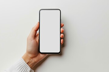 Smartphone mockup on hand with white blank screen created with Generative AI