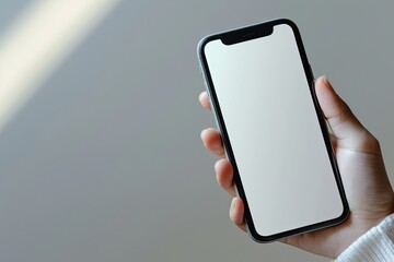 Smartphone mockup on hand with white blank screen created with Generative AI