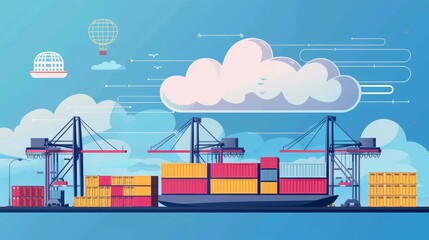 Poster - Cloud Computing and Global Shipping - Illustration depicting the concept of cloud computing and global shipping. Containers, cranes, and a ship are depicted against a blue sky with a cloud representin
